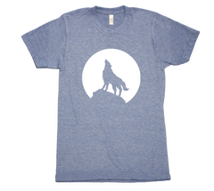Wolf Howling at the moon tri blend tshirt Blue Mens