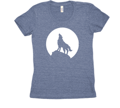 Wolf Howling at the moon tri blend tshirt Blue Womens